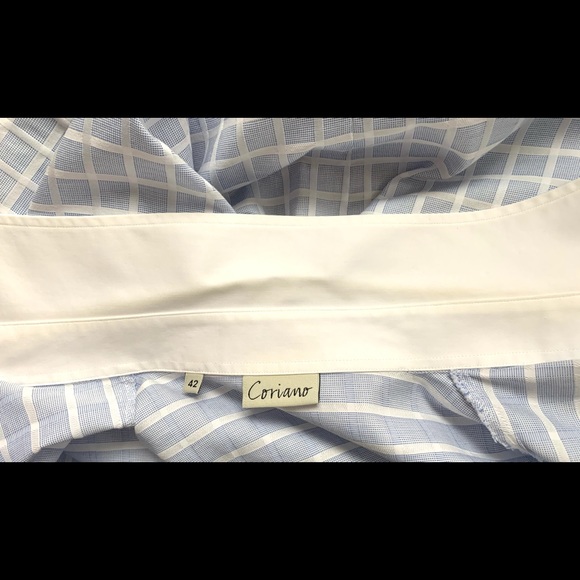 Blue & white check pattern button up cotton dress shirt white collar French cuff - Picture 16 of 16